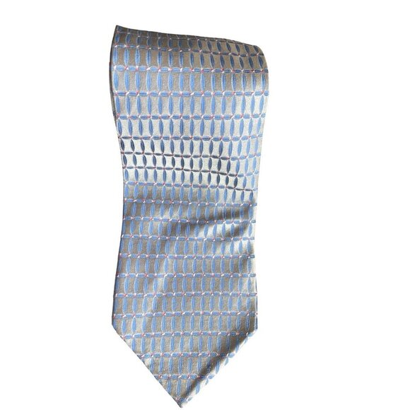 Hugo Boss Silk Tie Geometric Pattern Blue Red Tan Made in Italy Classic Necktie - Picture 5 of 5